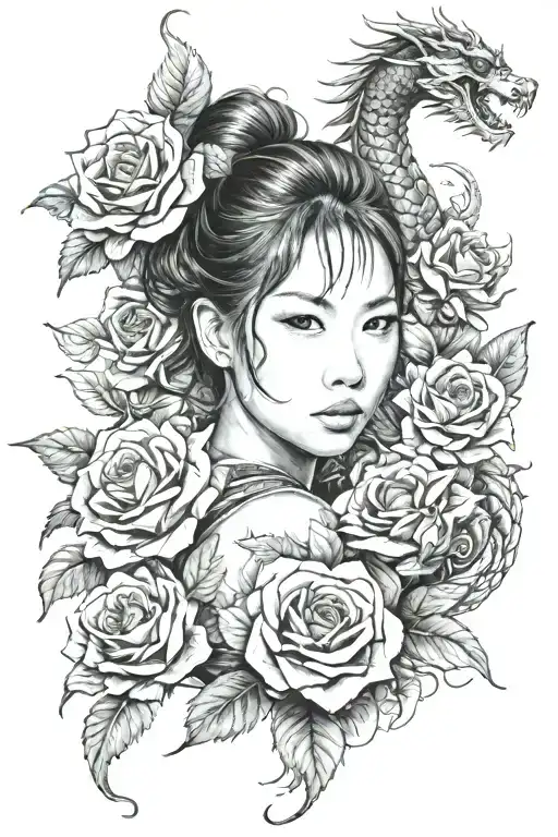 Asian Girl Wrapped By A Roses And Dragon