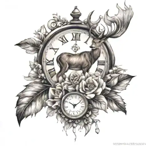 Draw Me A Deer And A Clock On Top Of A Flower