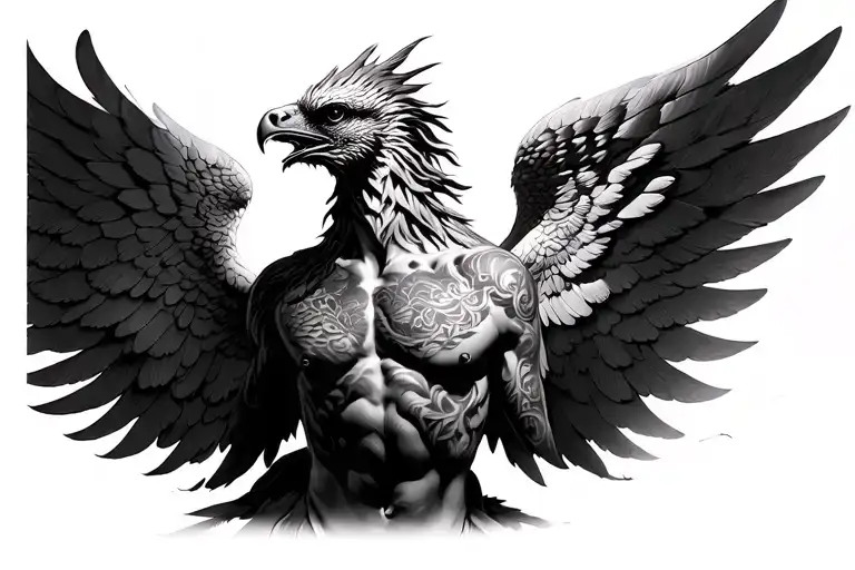 Phoenix With Wings Spread Chest Tattoo Black And White