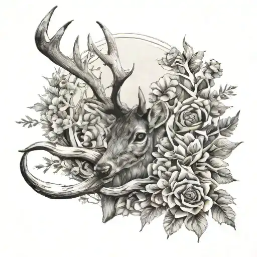 Deer Antlers With Flower At The Foot
