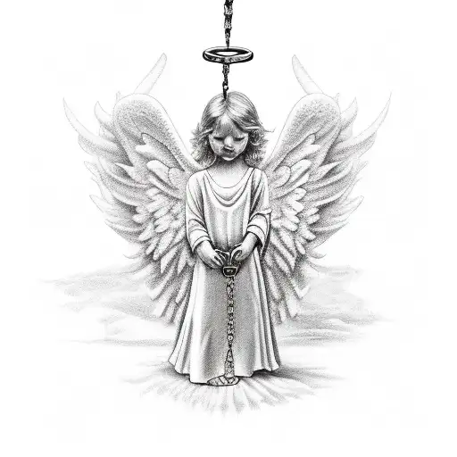Angel Holding Two Scrolls And Has A Chain On His Feet Which Is Holding A Stone