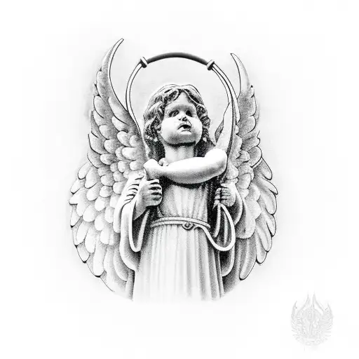 Big Angel Holding A Big Stone With A Chain