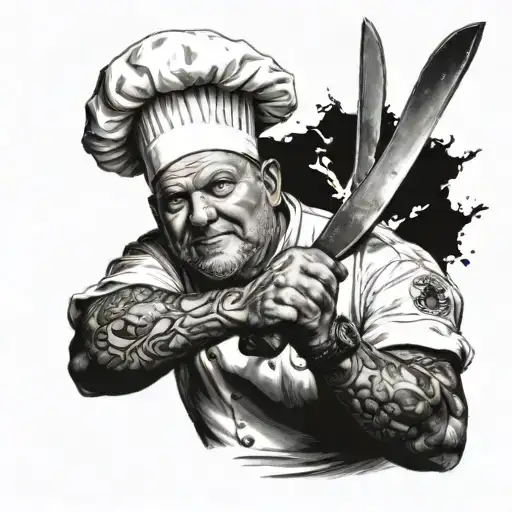 Chef In An Apron With Knives In His Head