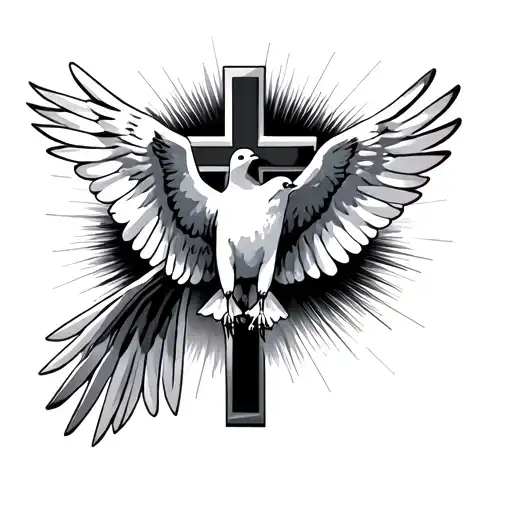 A Christian Cross In Straight Line And In Front Of A Dove Which Has Its Wings Deployed