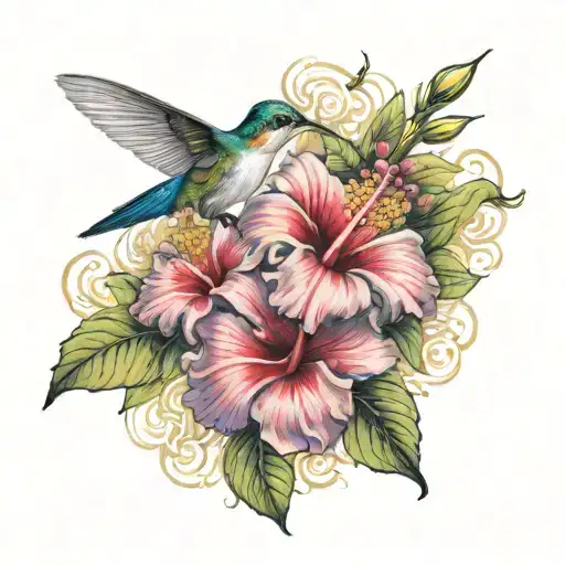 Hibiscus Flowers And A Hummingbird