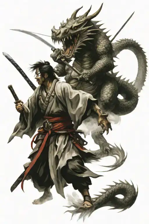 Samurais Fighting And A Big Dragon In The Background