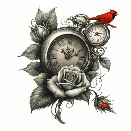 Clock And Rose With Cardinal Bird