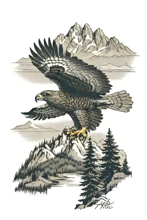 Nature With Trees A Hawk Flying And Mountains And Trees With A Lake