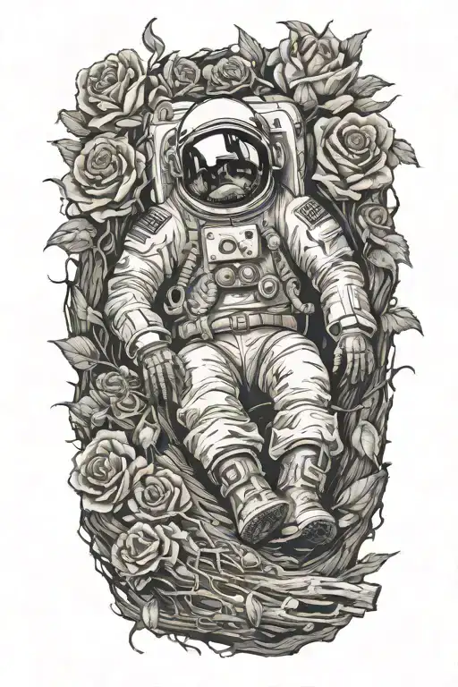 Dead Astronaut Lying Against A Log On The Side Of The Road Wrapped In Roses