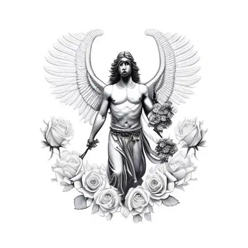 Male Guardian Angel With A Border Of Roses And A Road Runner Underneath