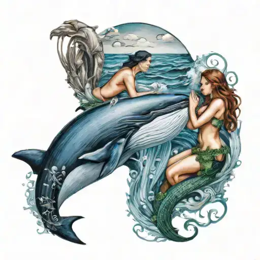 Ocean Scene Featuring A Whale And A Mermaid Touching Each Other