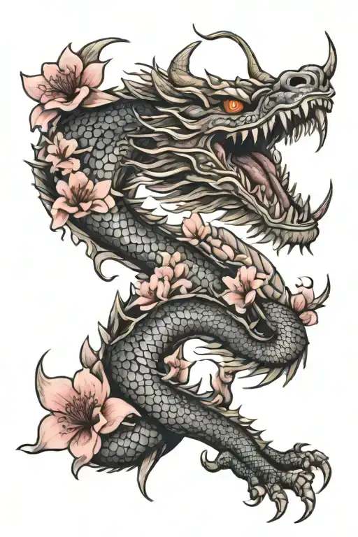 Japanese Dragon With Sakura Flowers