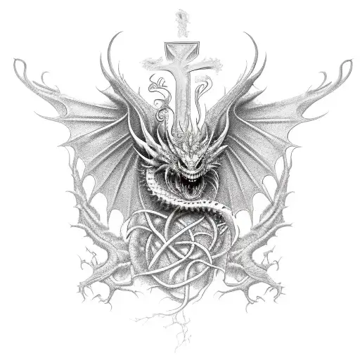 A Dragon Wrapped Around A Cross With Vines Attached To The Sides