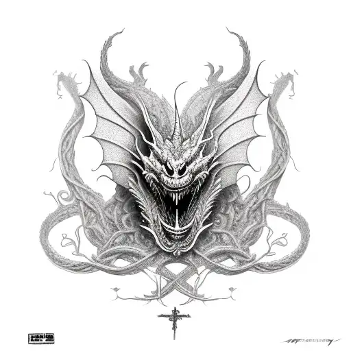 A Dragon Wrapped Around A Cross With Vines Attached To The Sides