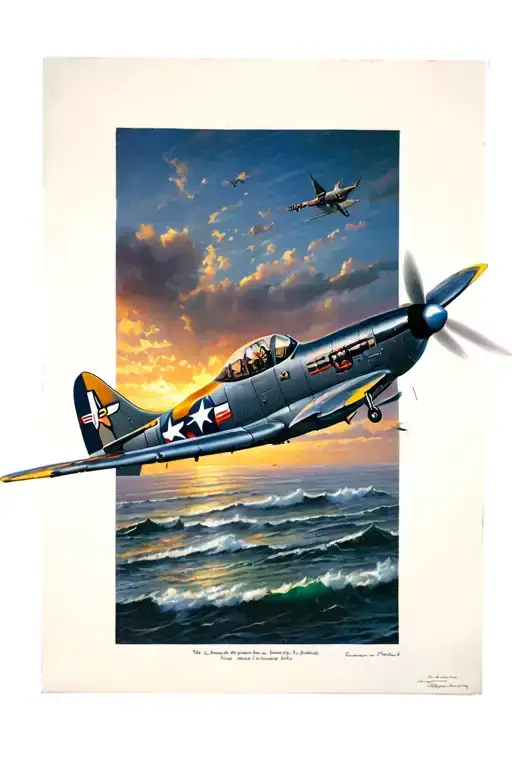 A P-51d Mustang Aircraft Flying Over The Ocean At Sunset