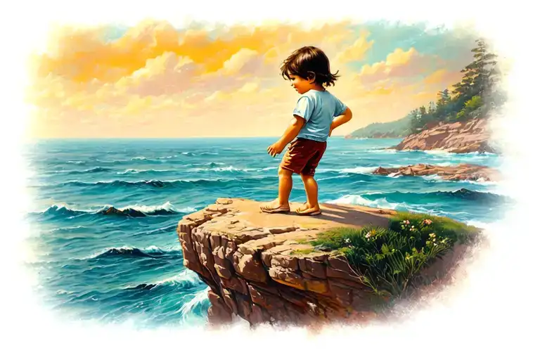 Child Playing On Cliff Overlooking Water