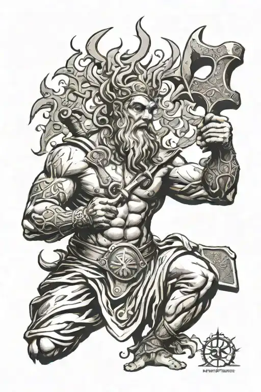 Greek God Of Fire Flames Holding A Hammer Ingraved With Runes And Fire