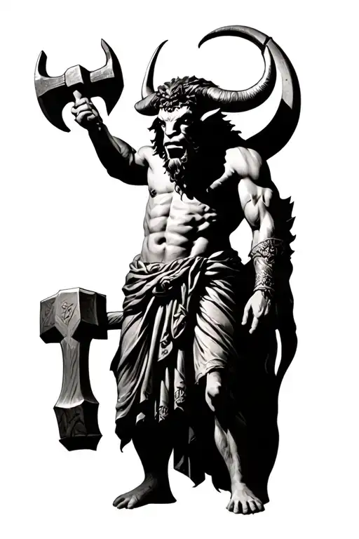 Greek Minotaur Holding Hammer Standing Tall Only 2 Legs