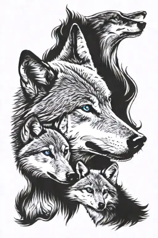 Mother Wolf With Blue Eyes And Two Wolf Cubs One With Blue Eyes One With Hazel Eyes