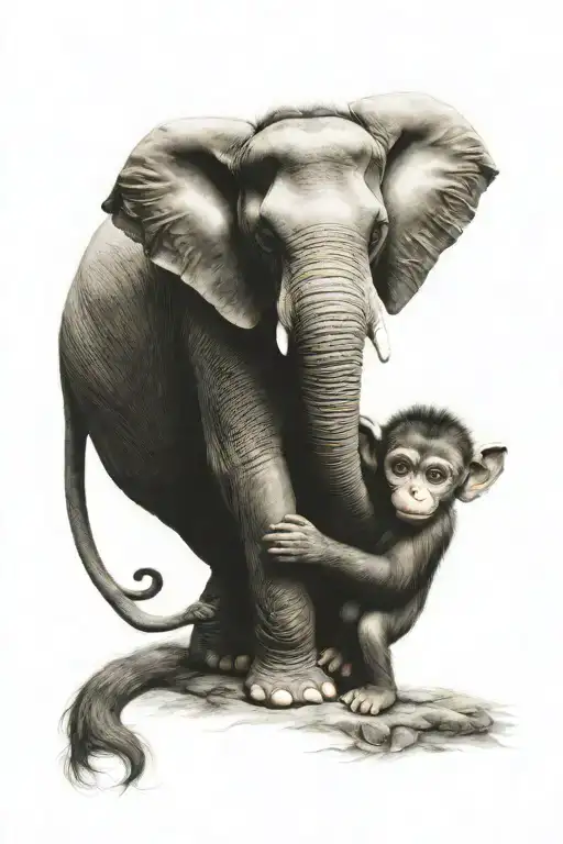 An Elephant And Monkey Huggling In A Playful Embrace
