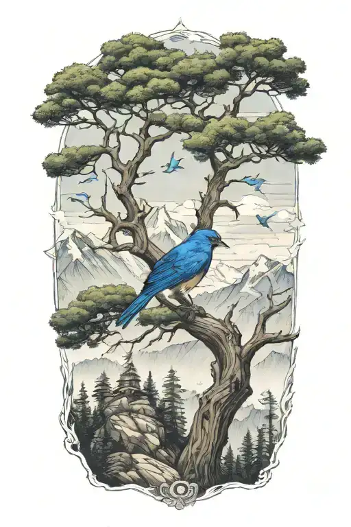 Whitepine Tree With Mountain Blue Bird Flying Away
