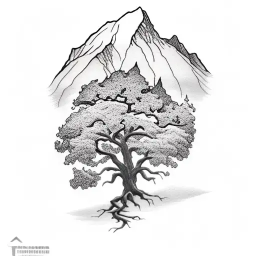 Oak Tree With Mountain Background