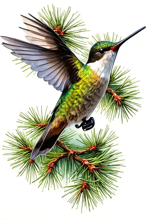 Hummingbird Flying With Pine Tree Background