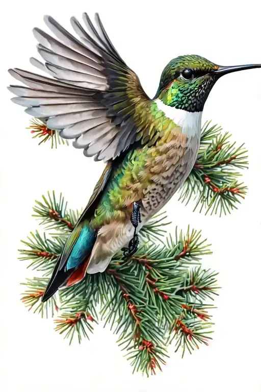 Hummingbird Flying With Pine Tree Background