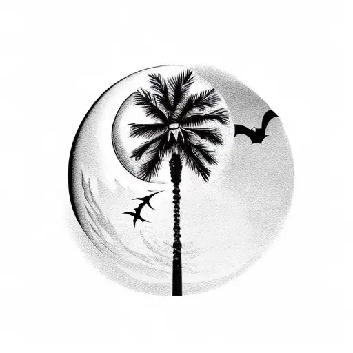 Straight Palm Tree With A Moon On Top And 3 Bats Around It