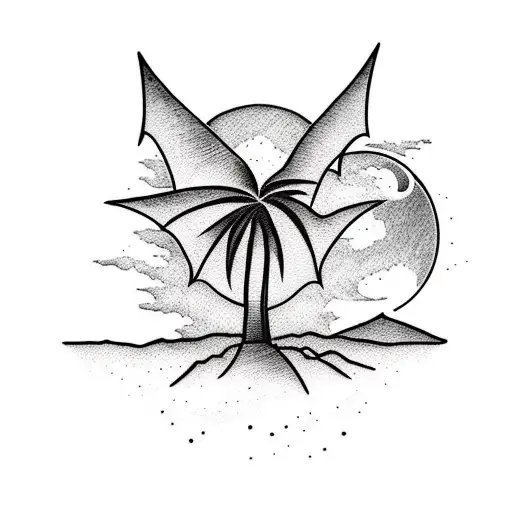 Straight Palm Tree With A Small Moon On Top And Folk Of Bats Around It
