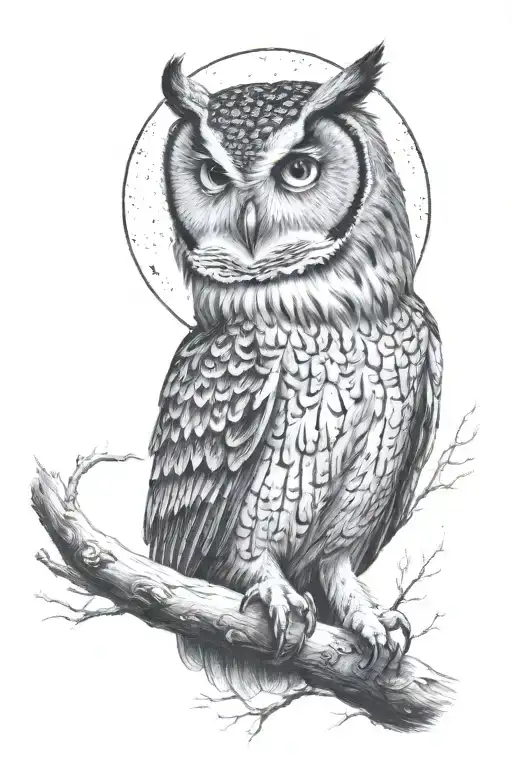 Owl Dark On A Branch Under The Moon