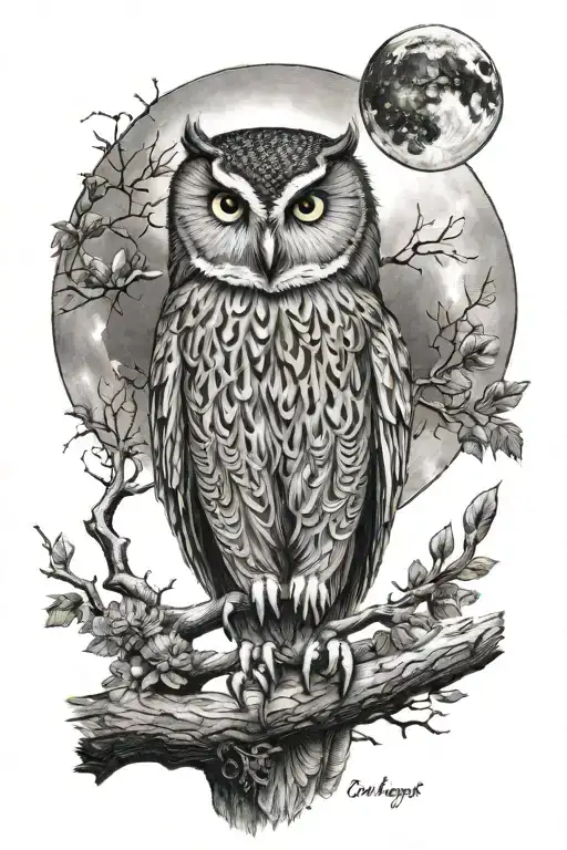 Owl Dark On A Branch Under The Moon