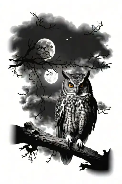 Owl On A Branch Under The Moon Darkness Atmosphere