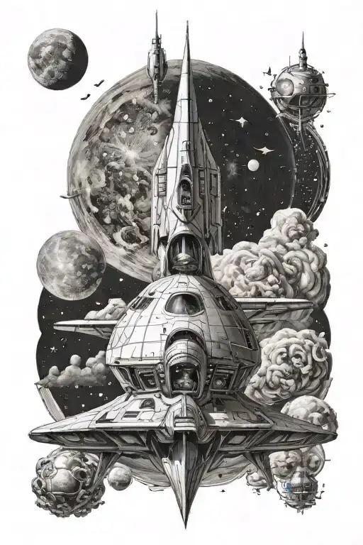 Spaceship And Moon On The Background