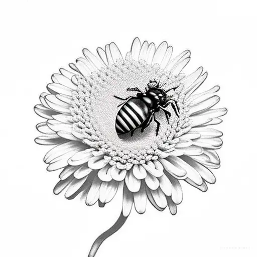 Chrysanthemum With Ladybug On The Stem And Bee