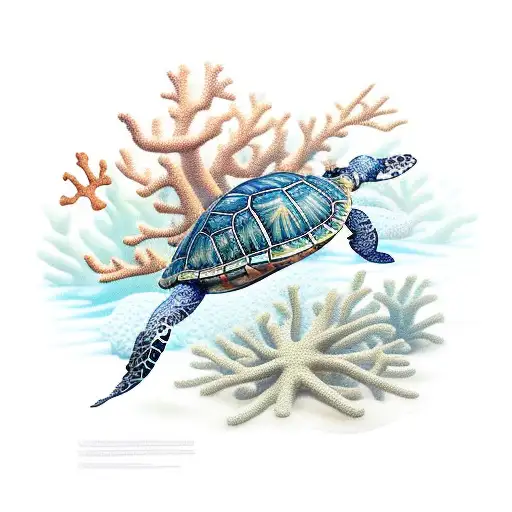 Coral Reef Scene With Turtle And Fish