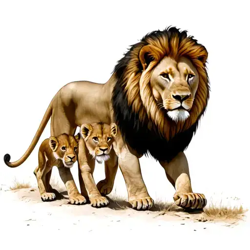 Fierce Male Lion With 2 Cubs Walking