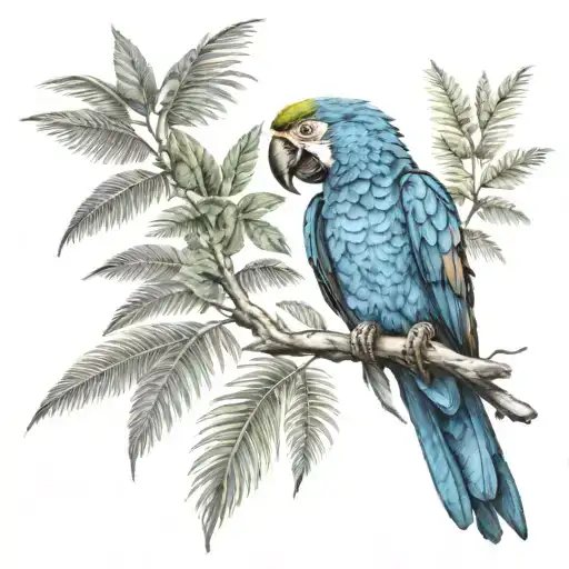 Small Macaw Tattoo With Ecuador Amazon Rainforest Tree Scene