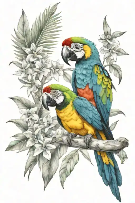 Small Macaw Tattoo With Ecuador Amazon Rainforest Lots Of Tree And Tropical Flowers Scene