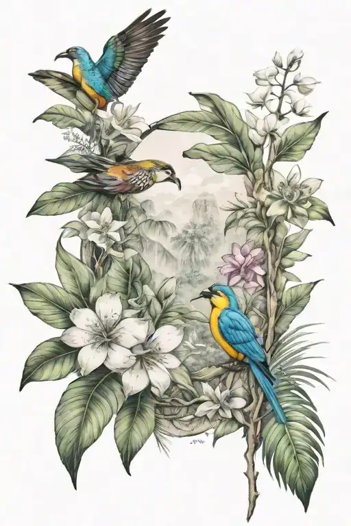 Small Tatoo With Ecuador Amazon Rainforest Lots Of Tree And Tropical Flowers Scene