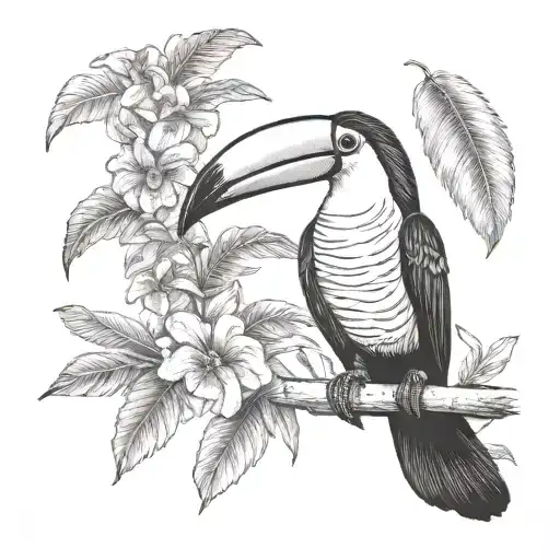 Small Toucan Tattoo With Ecuador Amazon Rainforest Tribal Scene Full Of Tree And Flowers