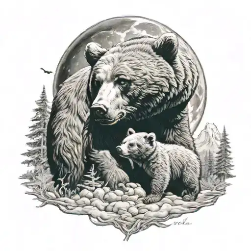 Father Bear Protecting Bear Cub With Large Moon In The Sky