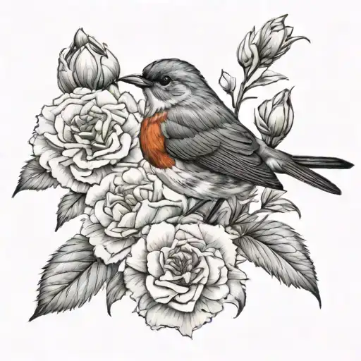Robin Bird With Carnation Flowers