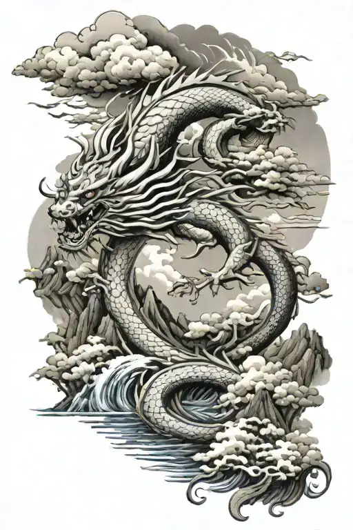 Japanese Dragon Legendary Landscape Mountains Seas Oceans Clouds