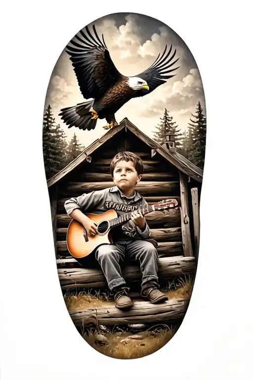 Little Boy Holding Guitar Sitting On A Log Cabin Porch With A Bald Eagle Flying In The Sky