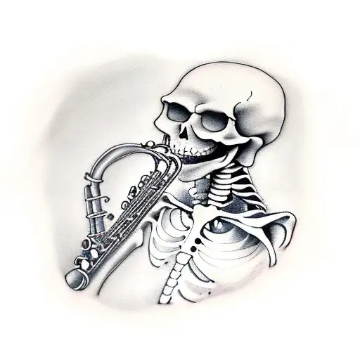 Skeleton Sitting On A Car Door Playing A Saxophone