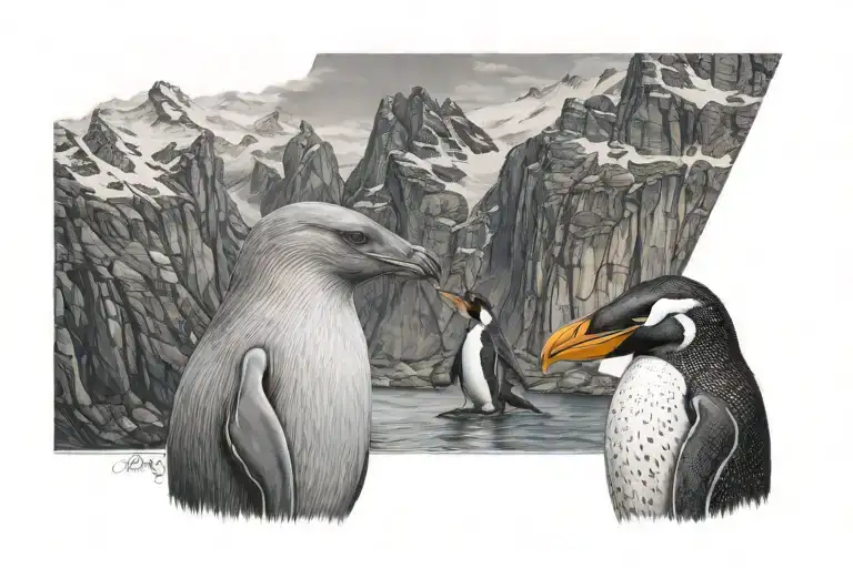 A Realistic Portrait Of A Sea Lion And Penguin Exchanging Wedding Vows On A Mountain Peak