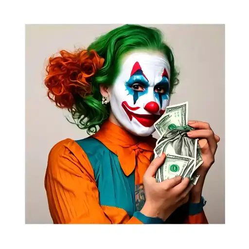 Women Wearing Clown Makeup Holdin Money Bag