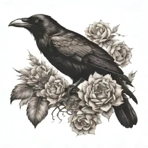 Raven Perched And Flowers