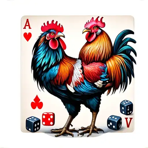 Fighting Roosters With Dice And Playing Cards Surrounding